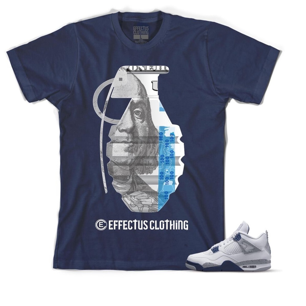 Mens Blue White Money Grenade Design Tee Shirt